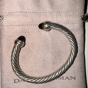 David Yurman Smoky Quartz 7mm Cable Classic Bangle Bracelet 925 Silver 14K Gold